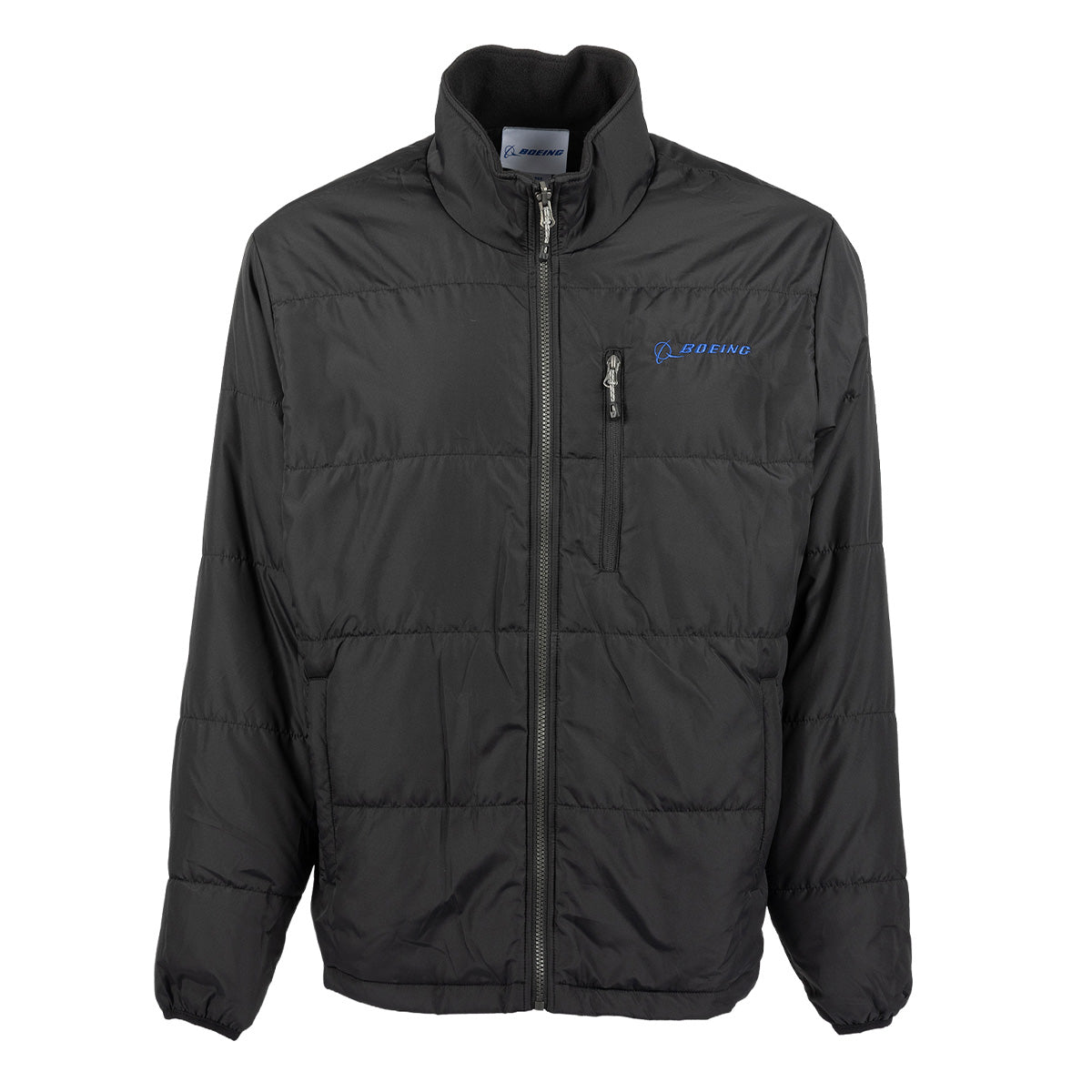 Black quilted, water-resistant Boeing Unisex 3-in-1 Systems Jacket featuring a zip-up front, a chest pocket, and a blue Boeing logo embroidered on the upper left.