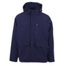 Water-resistant navy blue Boeing Unisex 3-in-1 Systems Jacket featuring a hooded design, front zipper, two large flap pockets, and a vertical zippered chest pocket with a Boeing logo.