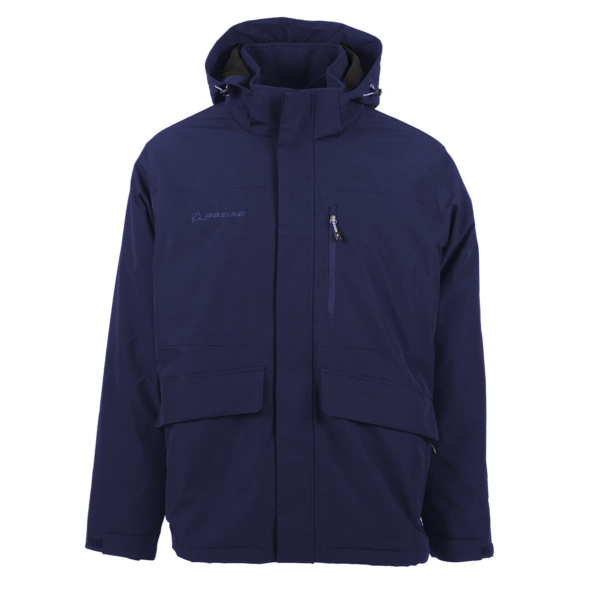 Water-resistant navy blue Boeing Unisex 3-in-1 Systems Jacket featuring a hooded design, front zipper, two large flap pockets, and a vertical zippered chest pocket with a Boeing logo.