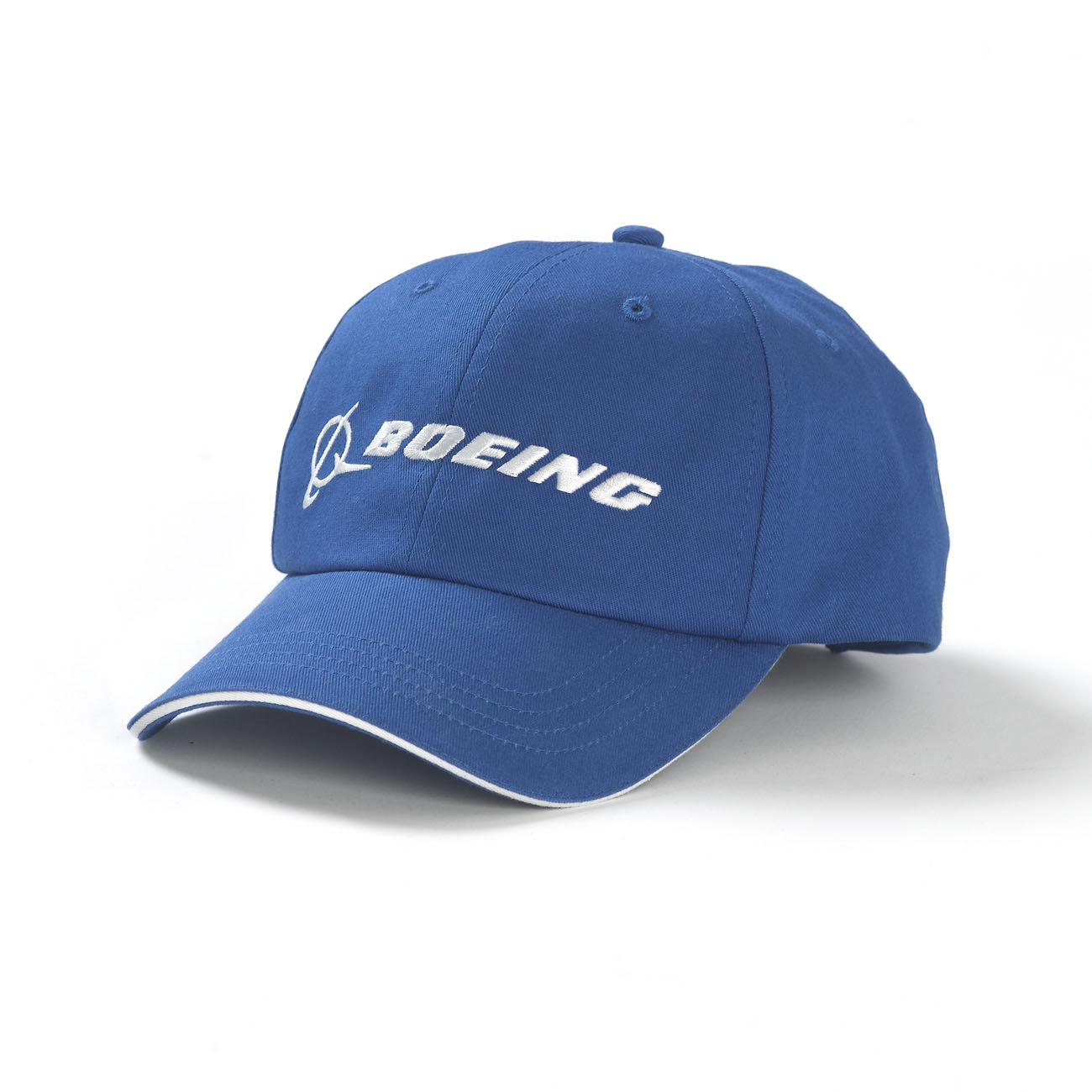 The Boeing Signature Logo Hat by BOEING is a blue cotton twill baseball cap with Boeing and a logo embroidered in white on the front. It features a curved brim with thin white trim along the edge.