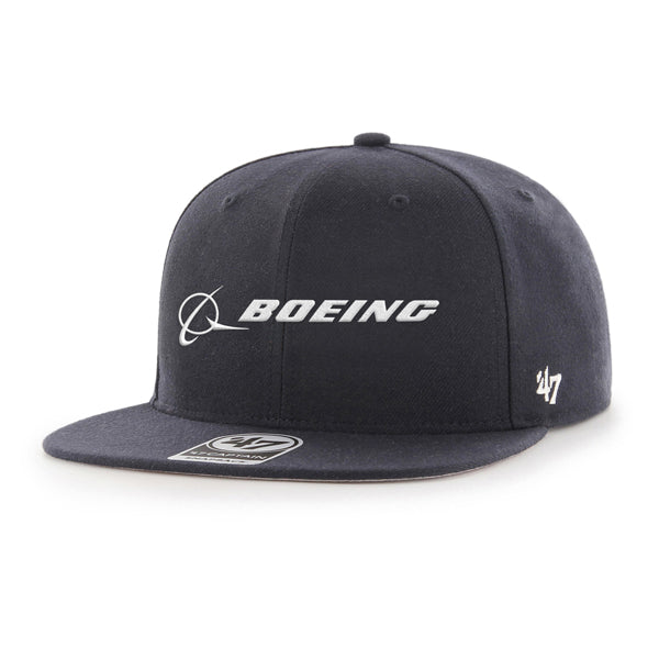 From The Boeing Store, the 47 Boeing Signature Logo Captain Hat is a sleek black wool blend baseball cap featuring a flat brim, adjustable snapback, iconic white Boeing logo on the front, and a small 47 logo on the side.