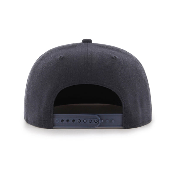 A rear view of the 47 Boeing Signature Logo Captain Hat from The Boeing Store, showcasing its adjustable strap and black wool blend design.