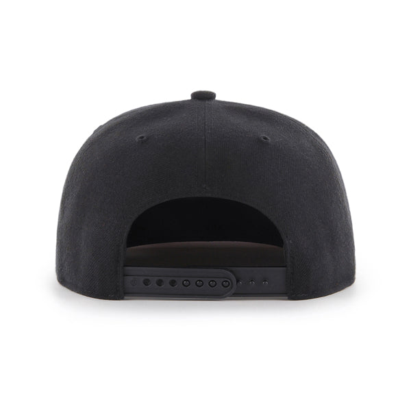 Rear view of 47 Boeing Signature Logo Captain Hat from The Boeing Store in black wool blend, featuring an adjustable strap and top ventilation holes.