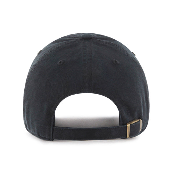 The 47 Boeing Signature Logo Clean Up Hat by The Boeing Store, shown in black from the rear, includes an adjustable strap with a brass buckle. Its made of Cotton Twill with visible stitching and a curved brim for a timeless style.