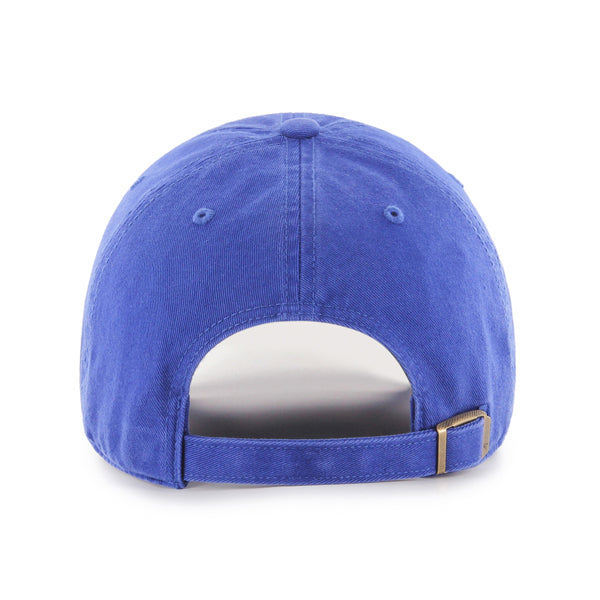 Back view of the 47 Boeing Signature Logo Clean Up Hat in blue, crafted from cotton twill by The Boeing Store. It features an adjustable strap with a metal buckle, precise stitching, and a curved brim for a classic look.