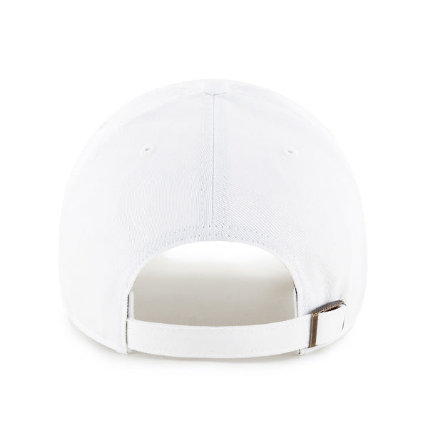 The image showcases the back of a white 47 Boeing Signature Logo Clean Up Hat by The Boeing Store, crafted from cotton twill. It features an adjustable fabric strap with a metal buckle and a small opening above the strap.