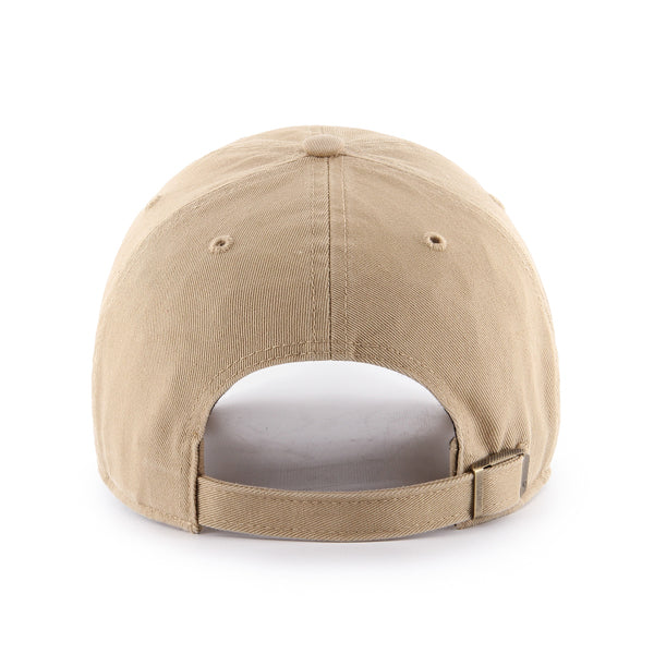 The 47 Boeing Signature Logo Clean Up Hat from The Boeing Store is shown in beige with an adjustable strap and metal buckle. Made of textured cotton twill, it features a curved brim, offering both style and comfort.