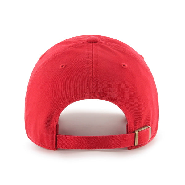 Rear view of the 47 Boeing Signature Logo Clean Up Hat in red from The Boeing Store, made of cotton twill. It features an adjustable brass-buckle strap, a slightly curved brim, and visible stitching around the crown and strap.