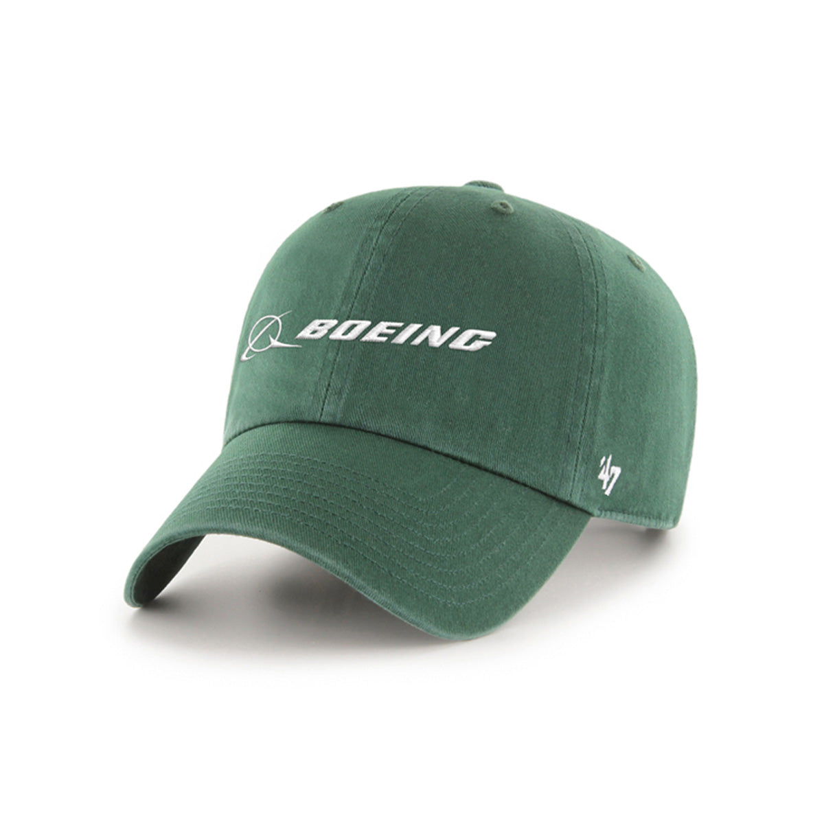 The Boeing Stores 47 Boeing Signature Logo Clean Up Hat in green features the white Boeing logo on the front, is made of soft cotton twill, has a curved brim, and an embroidered number 47 design on the side.