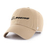 The Boeing Stores 47 Clean Up Hat in beige displays a black Boeing Signature Logo on the front and features a white embroidered 47 on the left. Made from cotton twill, it has a sleek design with a curved brim.