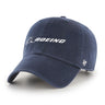 The Boeing Stores 47 Clean Up Hat features a dark blue cotton twill design with a white embroidered Boeing Signature Logo on the front, a small side logo, curved brim, and an adjustable back strap.