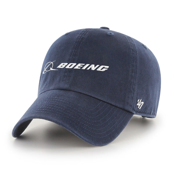 The Boeing Stores 47 Clean Up Hat features a dark blue cotton twill design with a white embroidered Boeing Signature Logo on the front, a small side logo, curved brim, and an adjustable back strap.