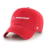 The Boeing Stores 47 Boeing Signature Logo Clean Up Hat is a red cotton twill baseball cap with an adjustable strap, featuring the Boeing Signature Logo on the front and 47 in white on the side.