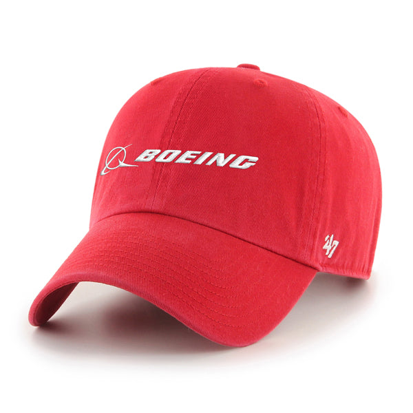 The Boeing Stores 47 Boeing Signature Logo Clean Up Hat is a red cotton twill baseball cap with an adjustable strap, featuring the Boeing Signature Logo on the front and 47 in white on the side.