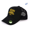 The Boeing Stores Boeing B-17 Flying Fortress Heritage Hat features a black mesh back, recycled polyester, yellow text and airplane graphic on the front, plus a green recycling symbol sticker on the bill.