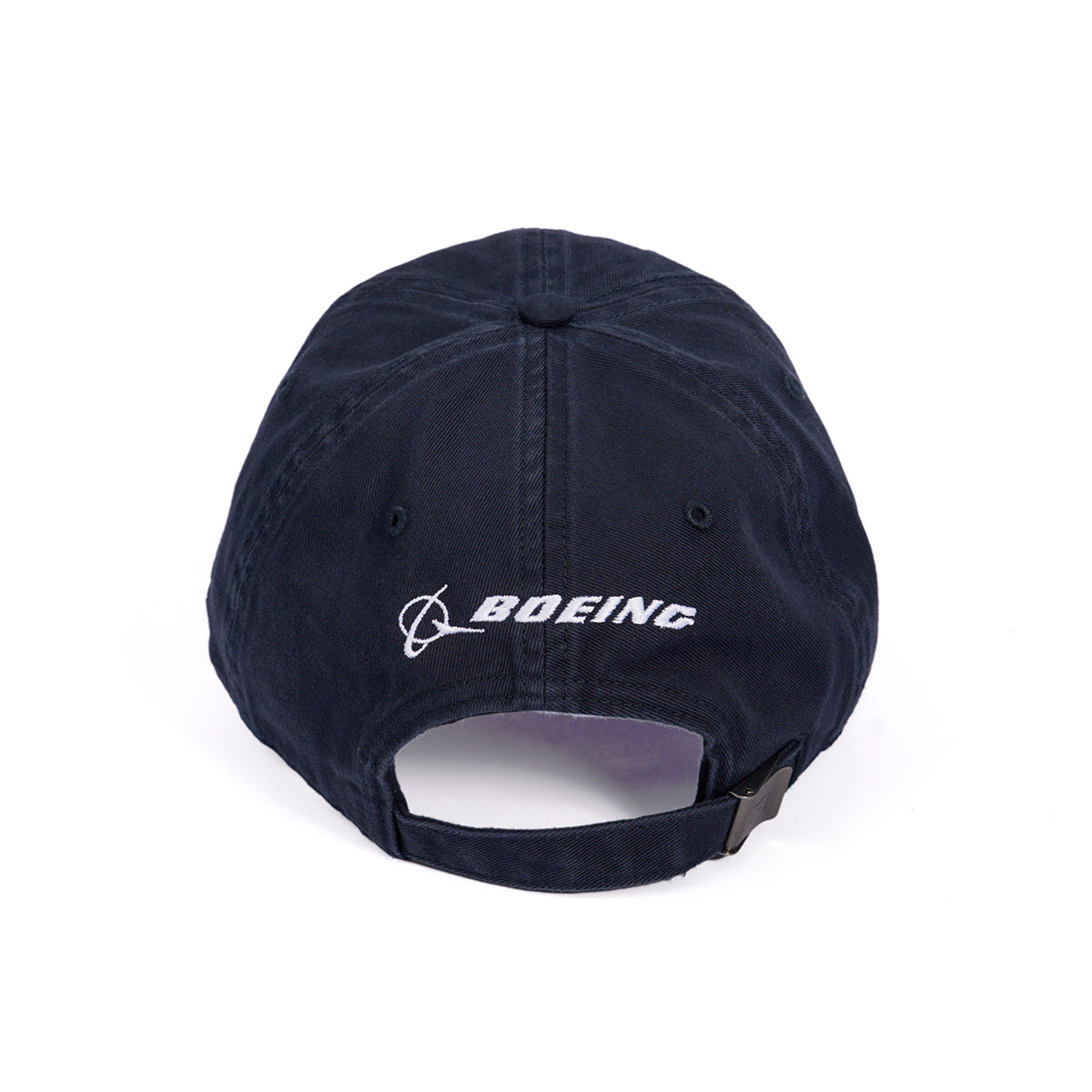 The Boeing 777X Skyward Hat features an adjustable backstrap with a metal buckle, viewed from the back in navy blue, with Boeing and a stylized logo embroidered above the opening.