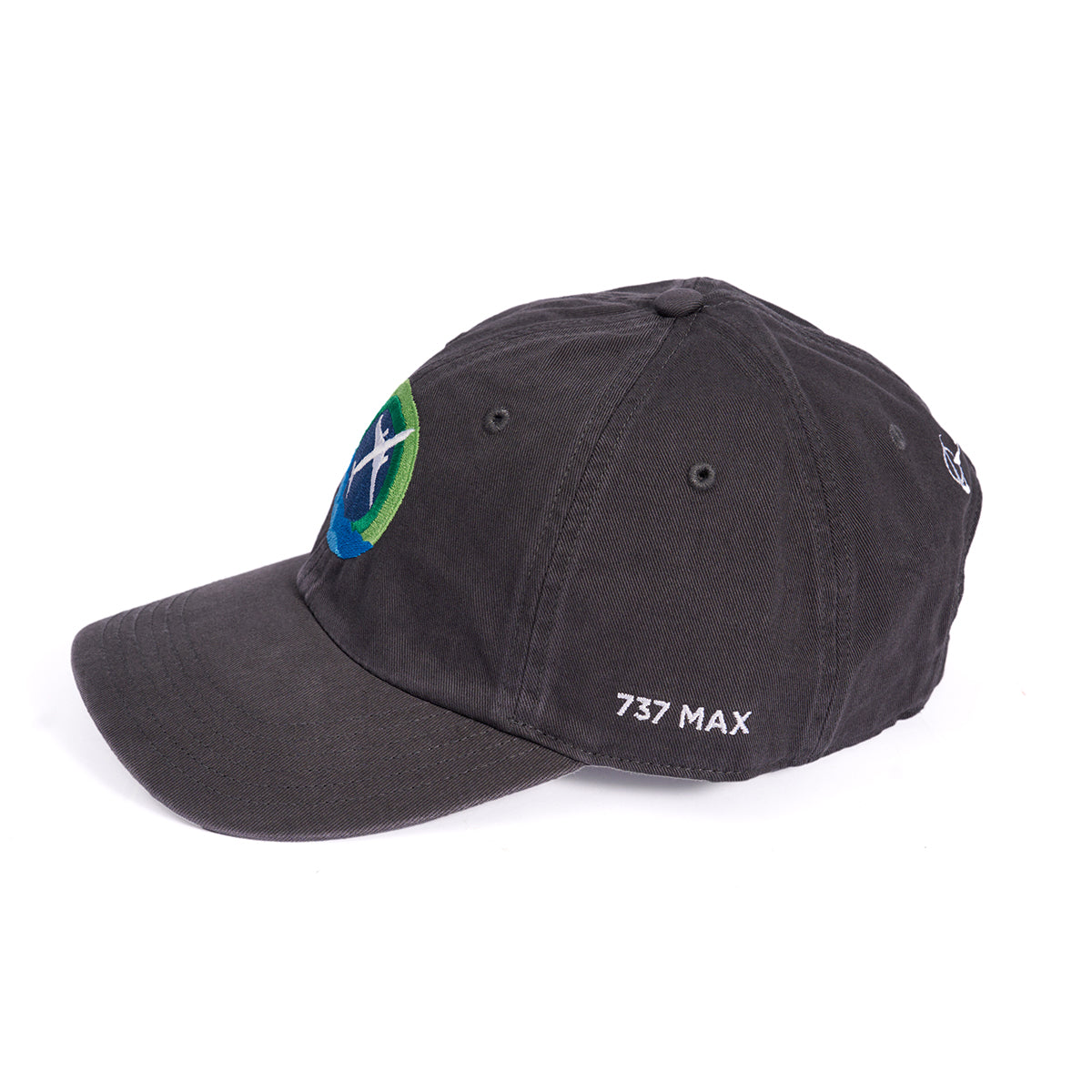 The Boeing 737 MAX Skyward Hat is a black baseball cap with a colorful side logo and 737 MAX embroidered near the brim, featuring an adjustable cloth backstrap for comfort.