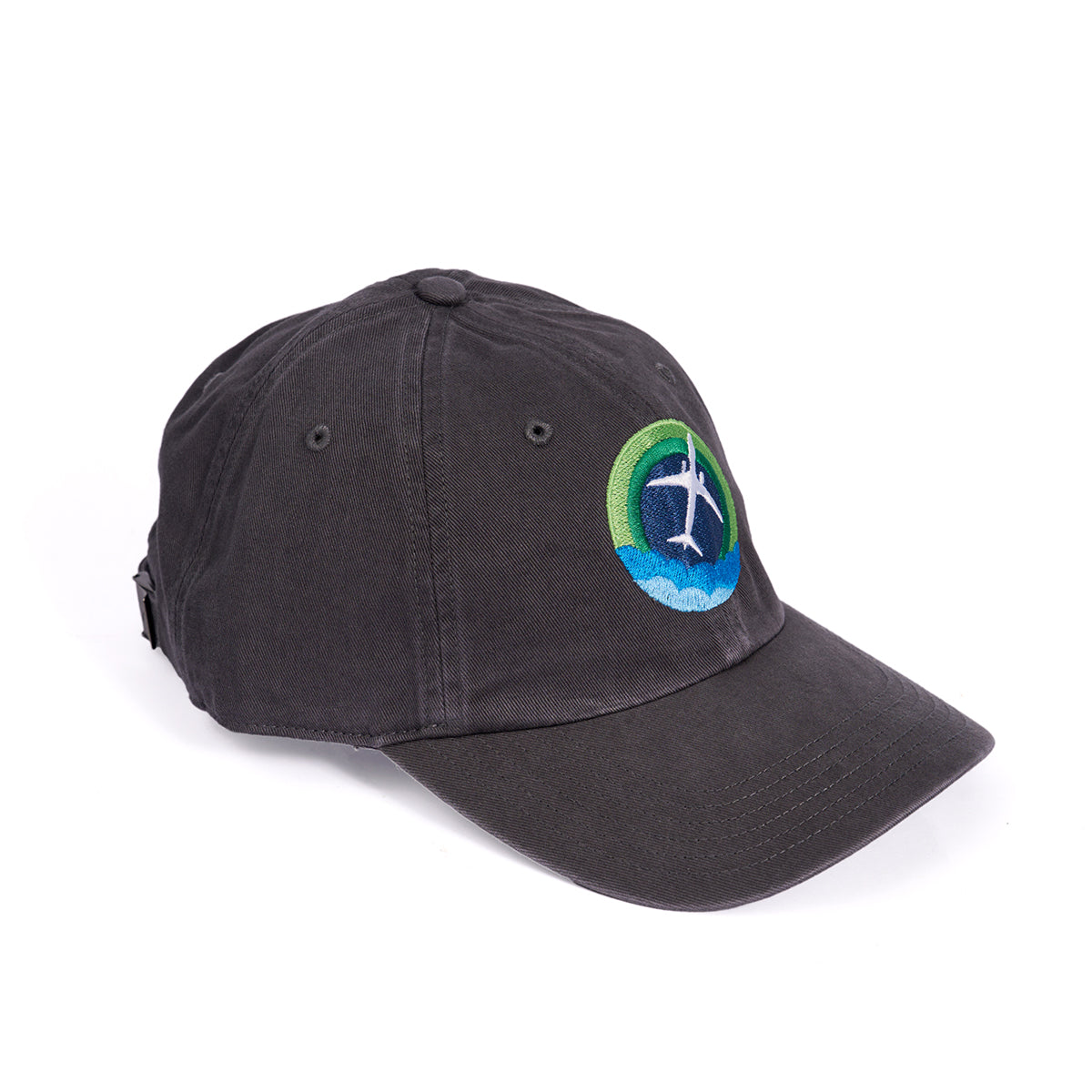 The Boeing 737 MAX Skyward Hat by Boeing is a black baseball cap with an embroidered front design showcasing a green and blue circular logo featuring a white airplane. It includes an adjustable cloth backstrap for the perfect fit.