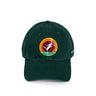 The Boeing CH-47 Chinook Skyward Hat is a dark green baseball cap with a circular bird emblem framed by yellow and red. It has an adjustable cloth backstrap for comfort and features small white text on the side.