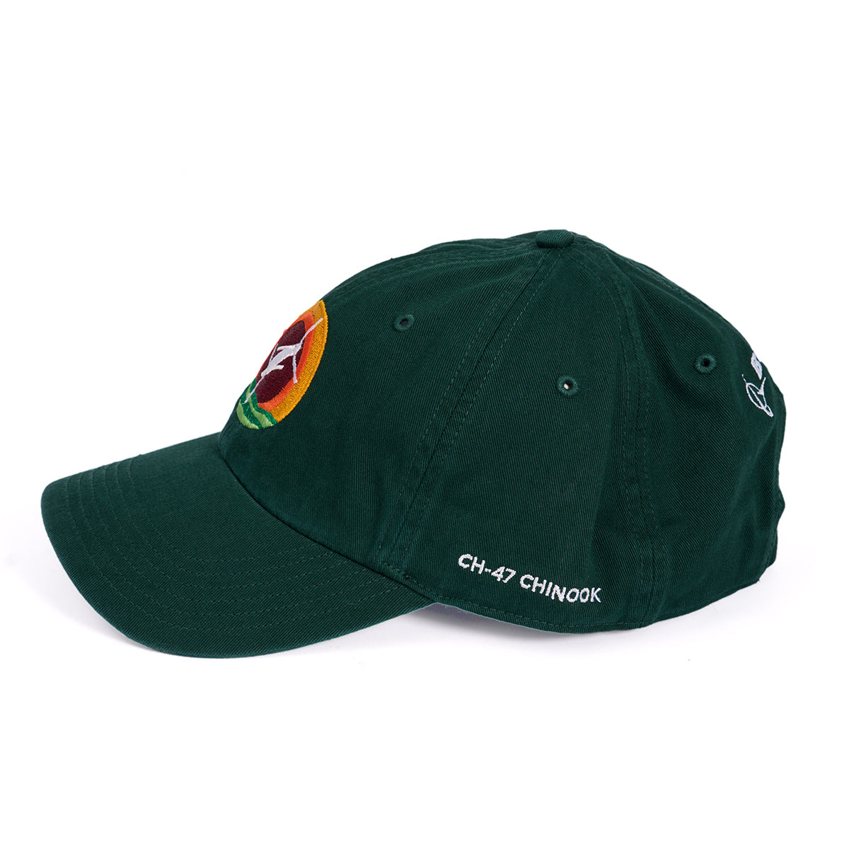 The Boeing CH-47 Chinook Skyward Hat by Boeing showcases a CH-47 CHINOOK embroidered in white on the side, features a colorful patch with the helicopter silhouette on the front, and includes a curved brim, ventilation eyelets, and an adjustable cloth backstrap for comfort.
