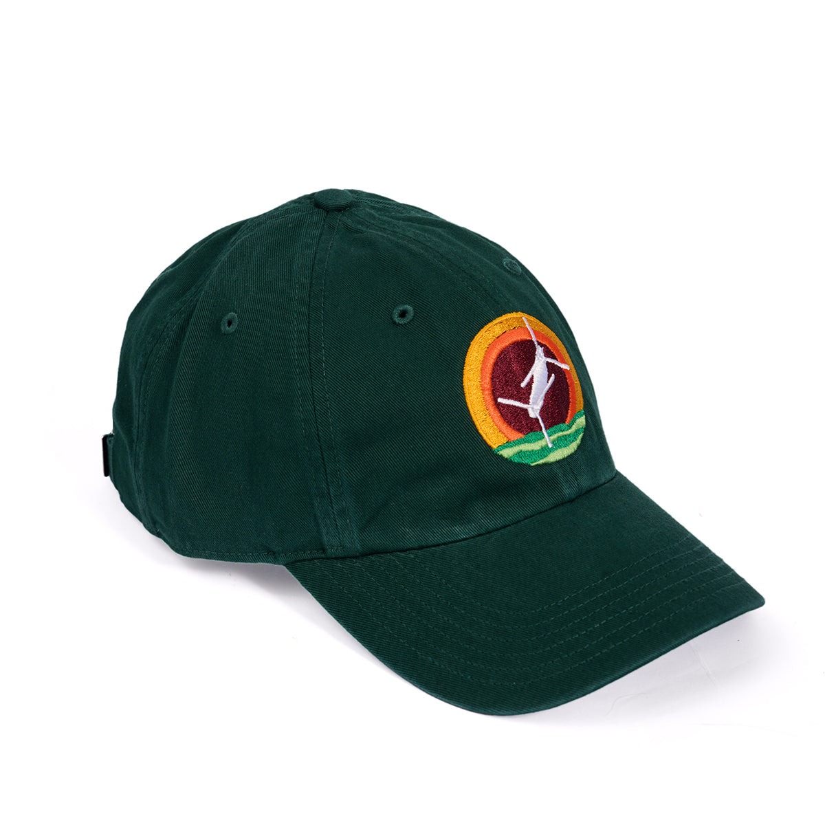 The Boeing CH-47 Chinook Skyward Hat features an embroidered logo with a stylized figure in white, encircled by red and yellow shapes, on a dark green background. It comes with an adjustable cloth backstrap inspired by the Chinooks robust design.