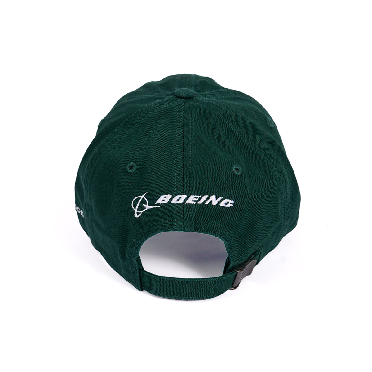 A Boeing CH-47 Chinook Skyward Hat in green has the white embroidered Boeing logo and name on the back. It features an adjustable strap with a metal buckle for easy sizing, set against a plain white background that enhances its sleek design.