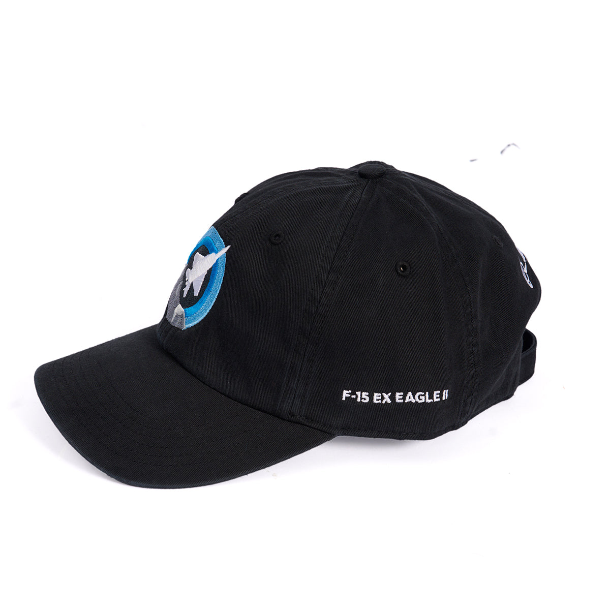 The Boeing F-15EX Eagle Skyward Hat is a black cap with an embroidered logo featuring blue and white accents. Boeing F-15EX Eagle II is written along the side. It has a curved brim and adjustable cloth backstrap for style and comfort.