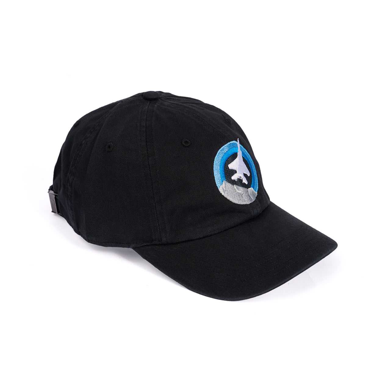 The Boeing F-15EX Eagle Skyward Hat by Boeing is black, featuring a colorful embroidered stylized airplane logo of the F-15EX in blue, gray, and white on the front. It includes a curved brim and an adjustable cloth backstrap for an ideal fit.