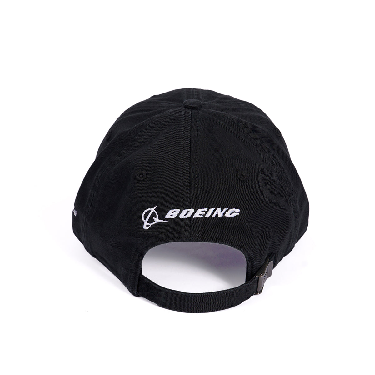 The Boeing F-15EX Eagle Skyward Hat features a black design with the Boeing logo embroidered in white above an adjustable cloth backstrap, capturing aviations essence. Displayed against a plain white background, it perfectly embodies the Boeing brand.