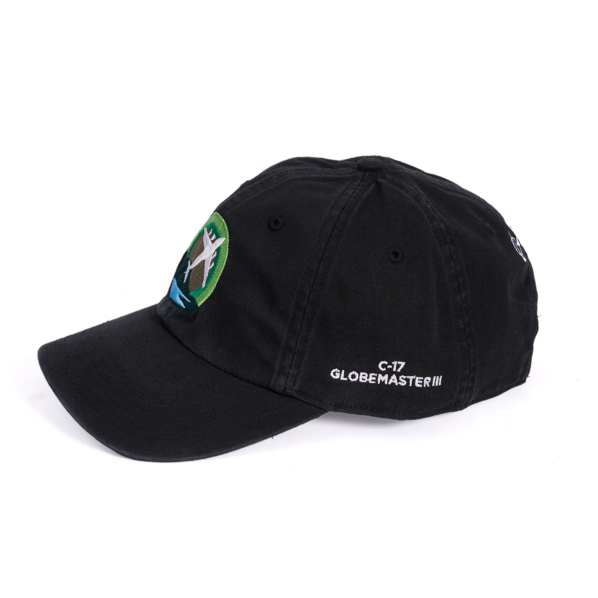 The Boeing C-17 Globemaster Skyward Hat by Boeing features a black design, colorful embroidered C-17 patch on the front left, white C-17 GLOBEMASTER III text above the brim, and an adjustable backstrap for a perfect fit.