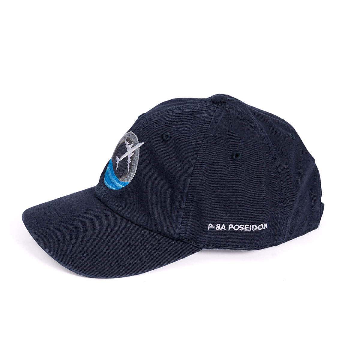 Introducing the Boeing P-8 Poseidon Skyward Hat: a navy baseball cap with an embroidered plane and wave design on the front, P-8A POSEIDON on the side, and an adjustable backstrap for a custom fit for every aviation enthusiast.