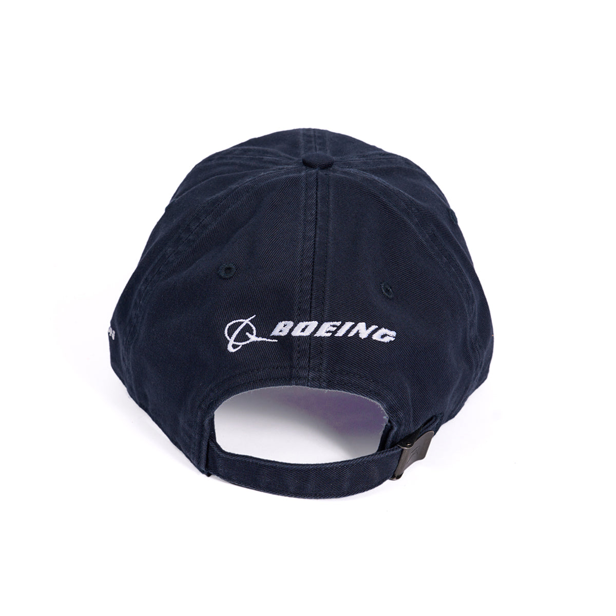 The Boeing P-8 Poseidon Skyward Hat is a navy blue baseball cap featuring the Boeing logo and text embroidered in white on the back. It includes an adjustable backstrap for a perfect fit.