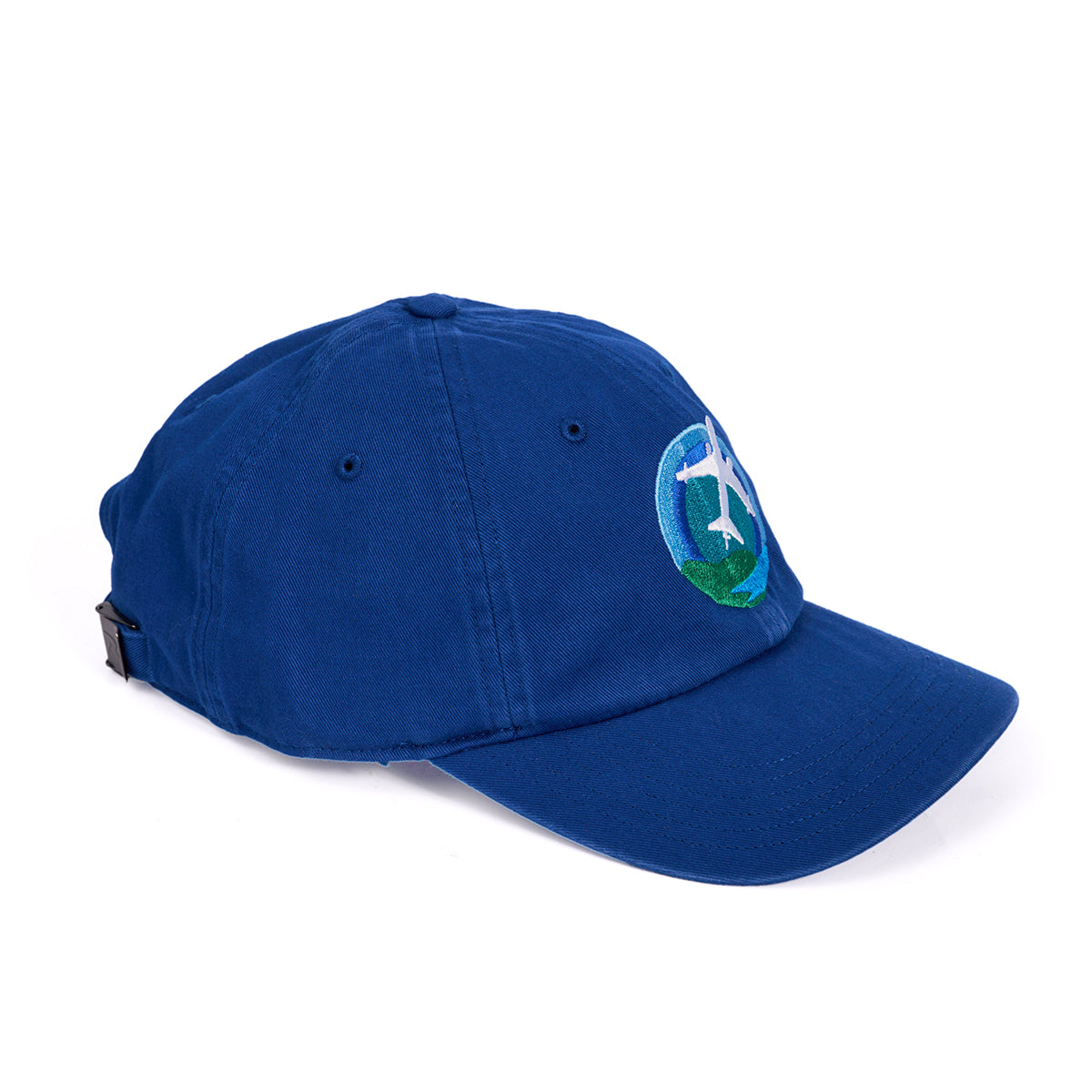 The Boeing KC-46 Pegasus Skyward Hat features a blue baseball cap design with an embroidered dolphin and wave in vibrant blues and greens, a curved brim, and an adjustable cloth backstrap for the perfect fit.