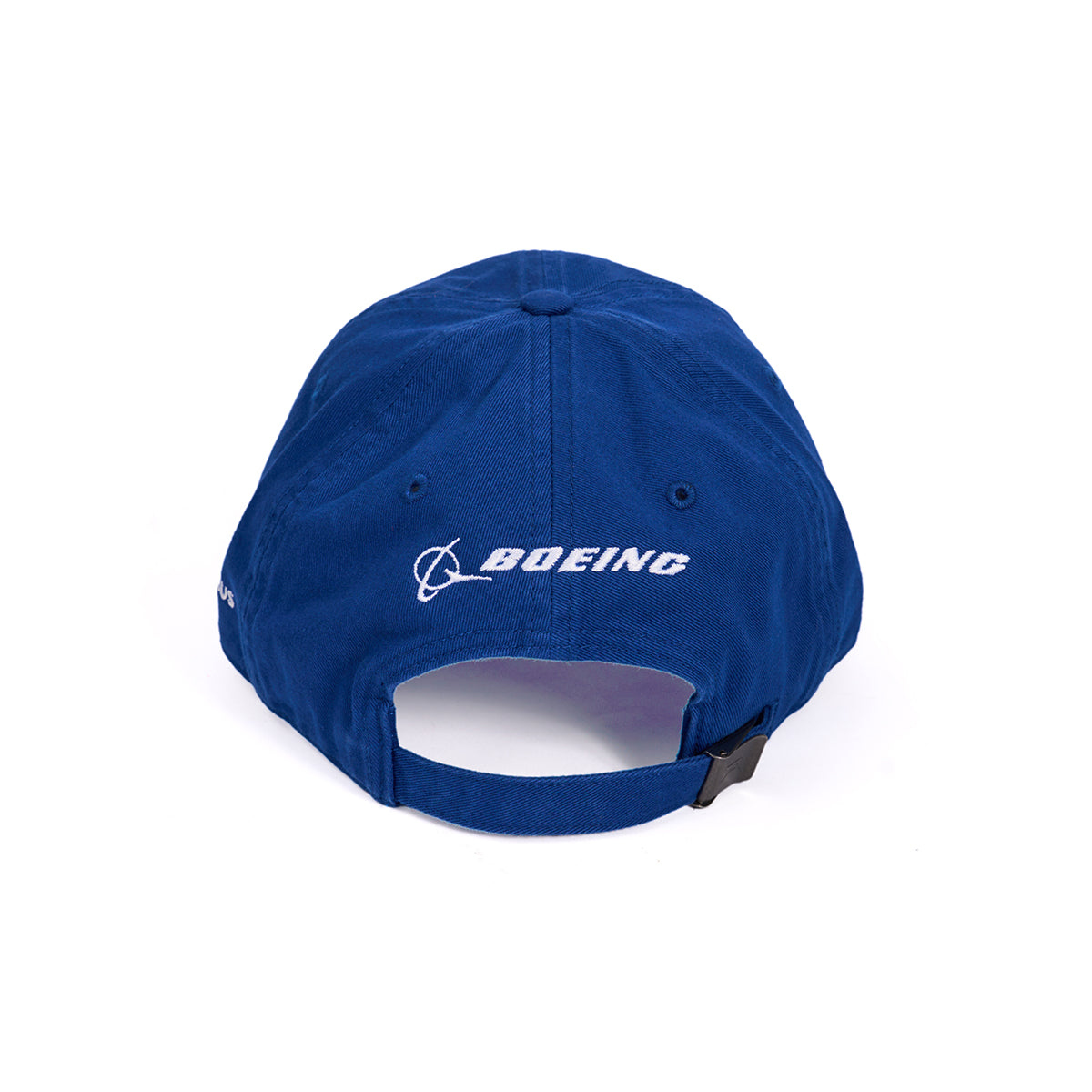 The Skyward hat, part of Boeings lineup, showcases its name and logo embroidered in white on the back. This blue hat features an adjustable cloth backstrap and celebrates the KC-46 Pegasus.