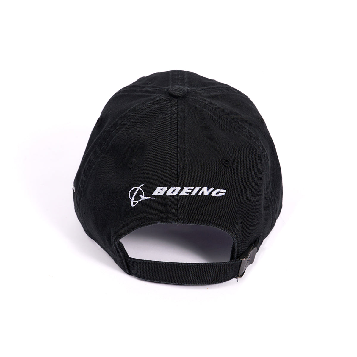 The Boeing Space Launch System Skyward Hat is classic black with an adjustable cloth backstrap, metal buckle, and features the embroidered word BOEING and a stylized logo in white above the opening.