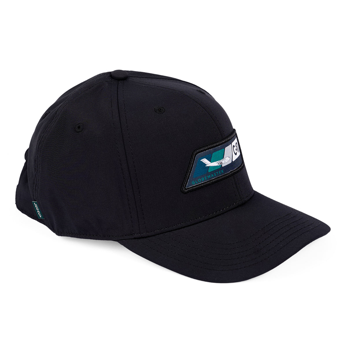 The Boeing C-17 Globemaster Velocity Unisex Hat is a black poly/spandex baseball cap featuring a curved brim, rectangular patch with airplane graphic, ventilation holes, and an adjustable Velcro closure for the perfect fit.