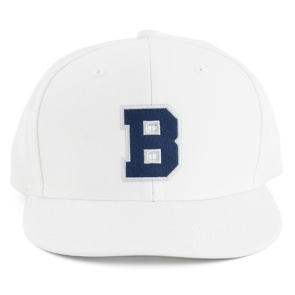 The Boeing Varsity Snapback Hat from The Boeing Store features a white design with a dark blue embroidered B on the front—ideal for aviation enthusiasts.