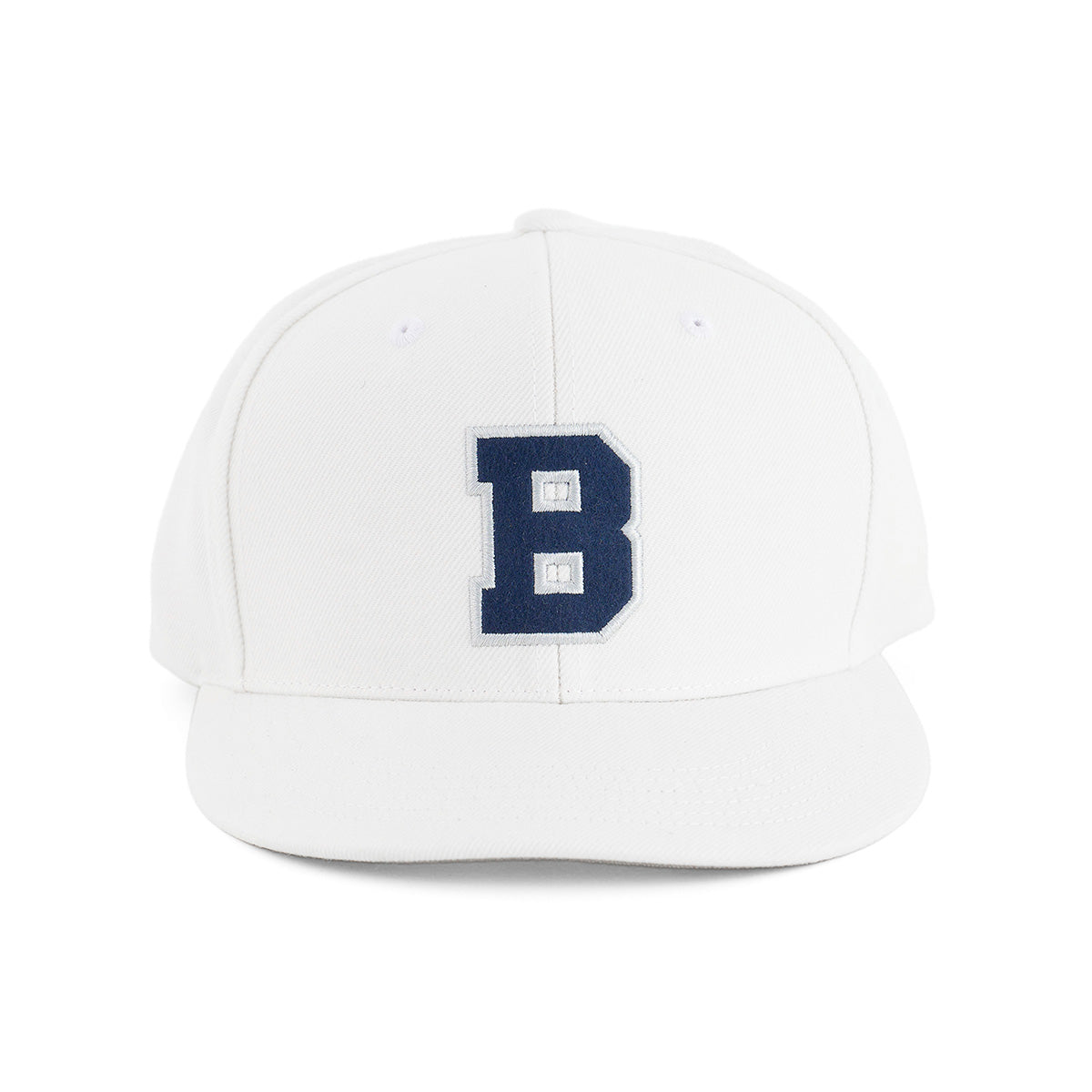 The Boeing Stores Boeing Varsity Snapback Hat features a bold dark blue B on the front and is made from durable acrylic wool—ideal for aviation fans. Shown against a plain white background.