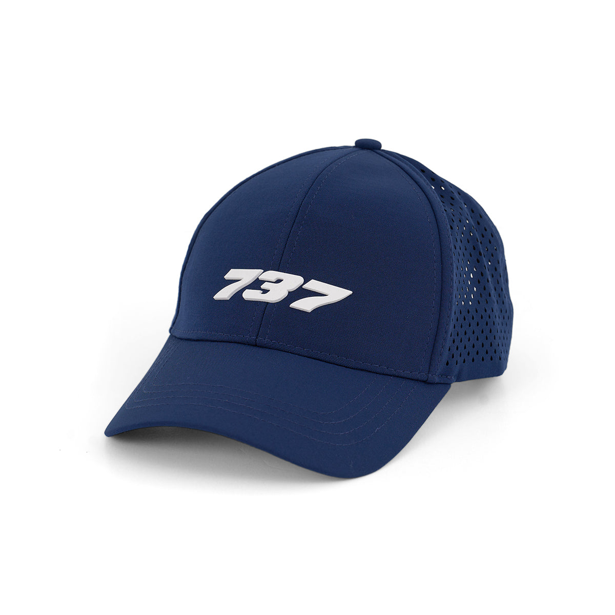 The BOEING 737 Series Hat is a navy blue baseball cap with a white 3D 737 logo on the front, a curved brim, and perforated side panels for ventilation.
