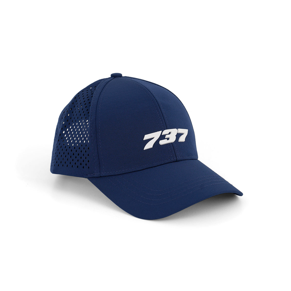 The BOEING 737 Series Hat is a navy blue baseball cap with a white 3D 737 logo on the front and ventilating perforated mesh side panels.