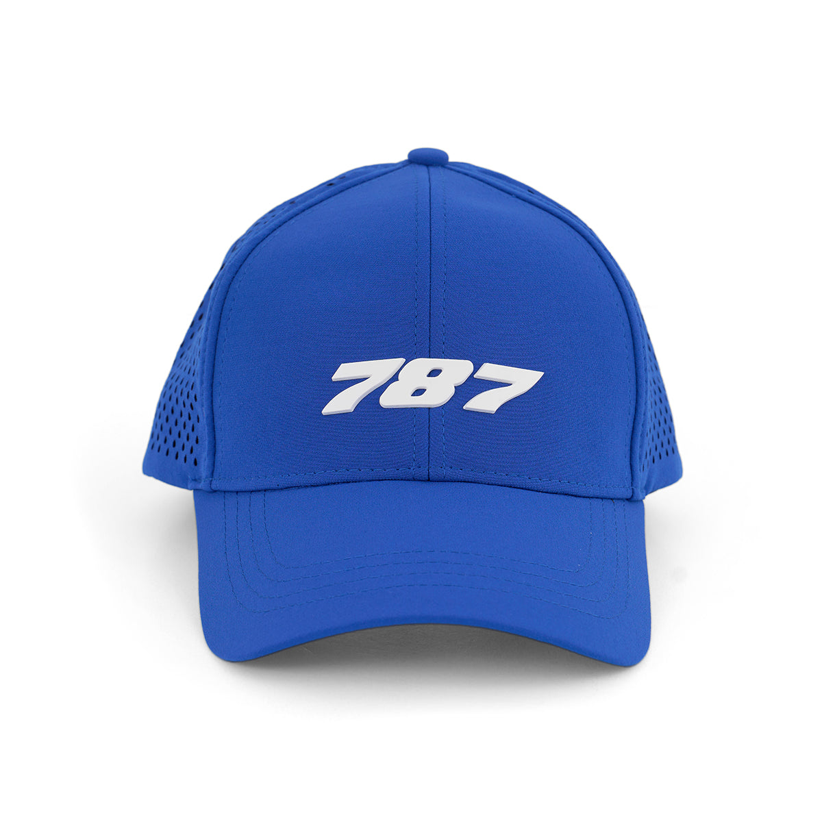 The BOEING 787 Dreamliner Series Hat is a blue cap with 787 in white on the front, side perforations for ventilation, and an adjustable Velcro closure.