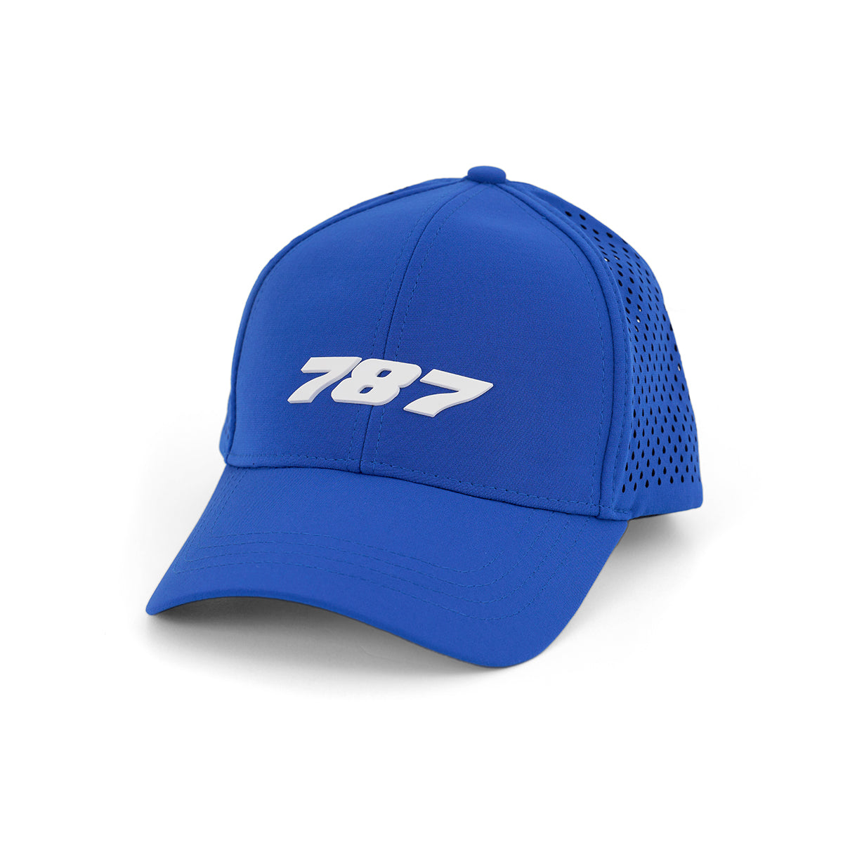The BOEING 787 Dreamliner Series Hat is a blue cap featuring the number 787 in bold white on the front, a curved brim, mesh back panels, and an adjustable Velcro closure.