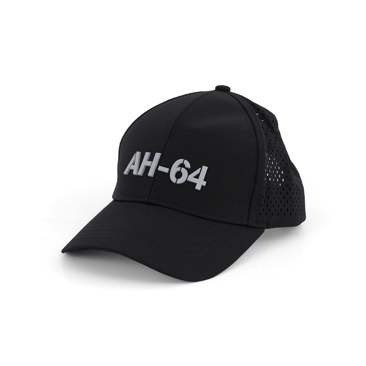 The Boeing AH-64 Apache Series Hat by BOEING is a black cap with AH-64 in large white letters on the front, featuring a curved brim, ventilated mesh panels, and a perforated design for breathability and comfort.