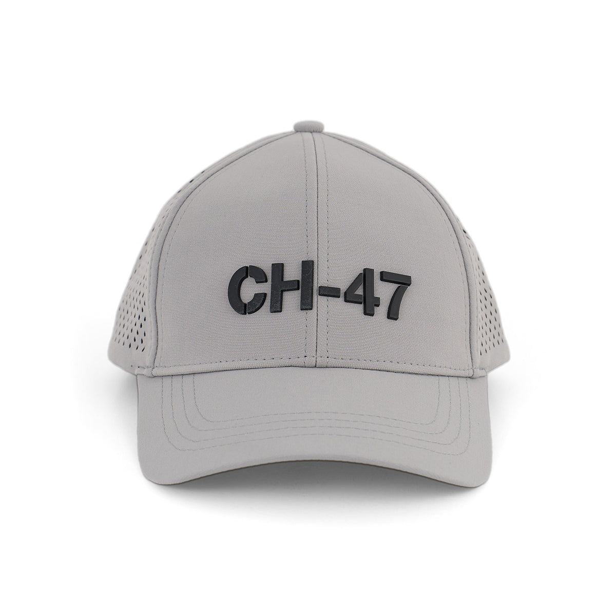 The Boeing CH-47 Chinook Series Hat by BOEING features bold black lettering on light gray, mesh sides, a curved brim, and an adjustable Velcro closure. Its textured surface gives a modern edge to this classic cap design.