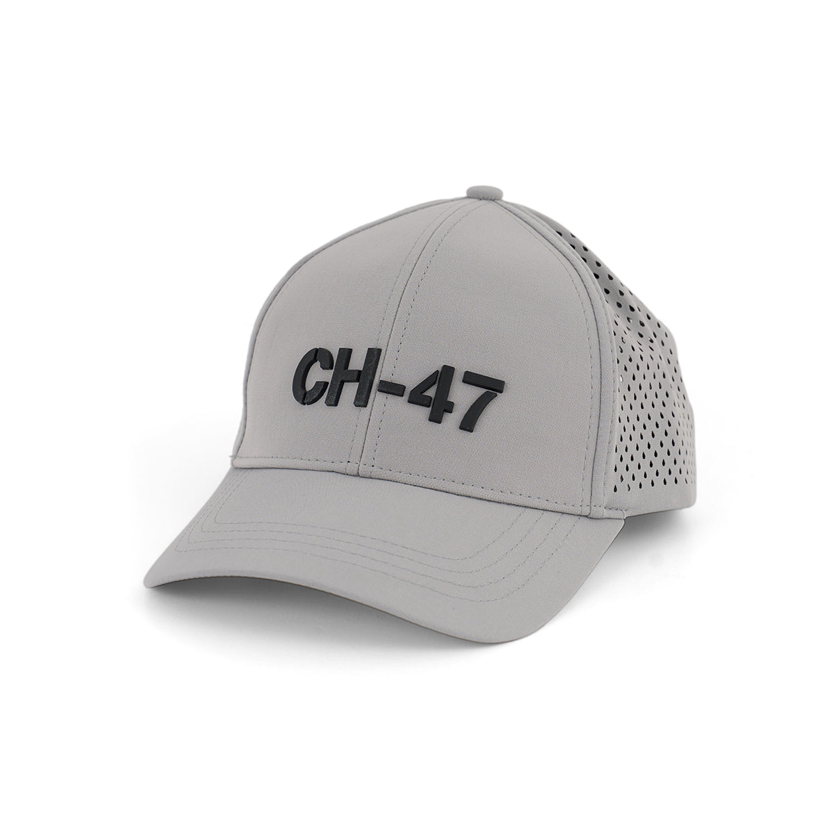 The Boeing CH-47 Chinook Series Hat by BOEING features bold black letters on light gray, a textured finish, side and back perforated panels, and an adjustable Velcro closure for a comfortable fit.
