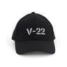 The BOEING V-22 Osprey Series Hat is a black cap with a bold, light gray 3D V-22 logo on the front. It features a curved brim, mesh sides, and an adjustable velcro closure for comfort.