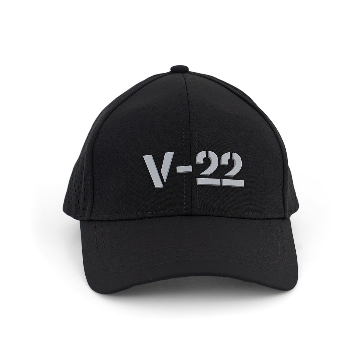 The BOEING V-22 Osprey Series Hat is a black cap with a bold, light gray 3D V-22 logo on the front. It features a curved brim, mesh sides, and an adjustable velcro closure for comfort.