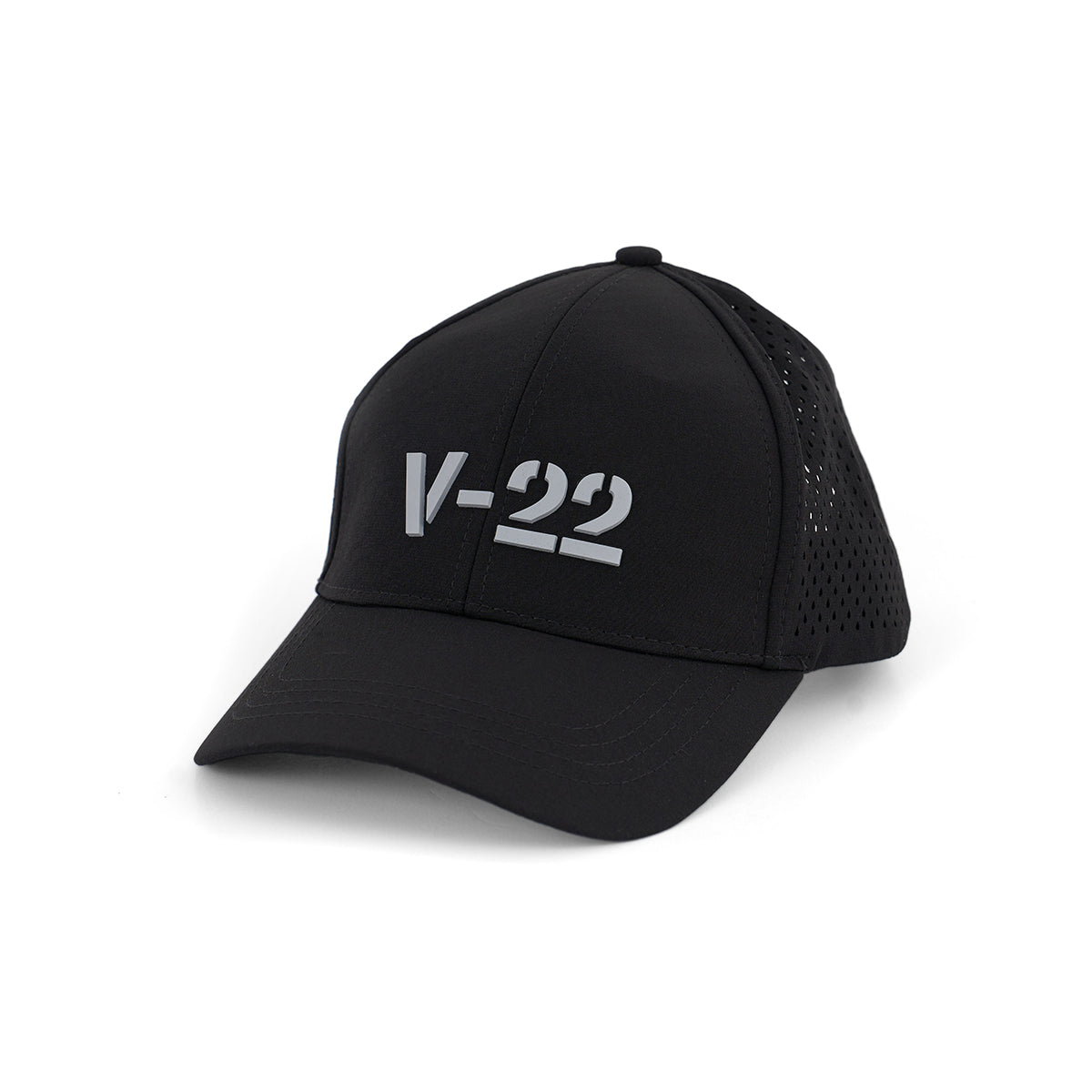 The BOEING V-22 Osprey Series Hat is a black baseball cap with a bold white 3D V-22 logo on the front, curved brim, perforated side panels, and an adjustable velcro closure for comfort.