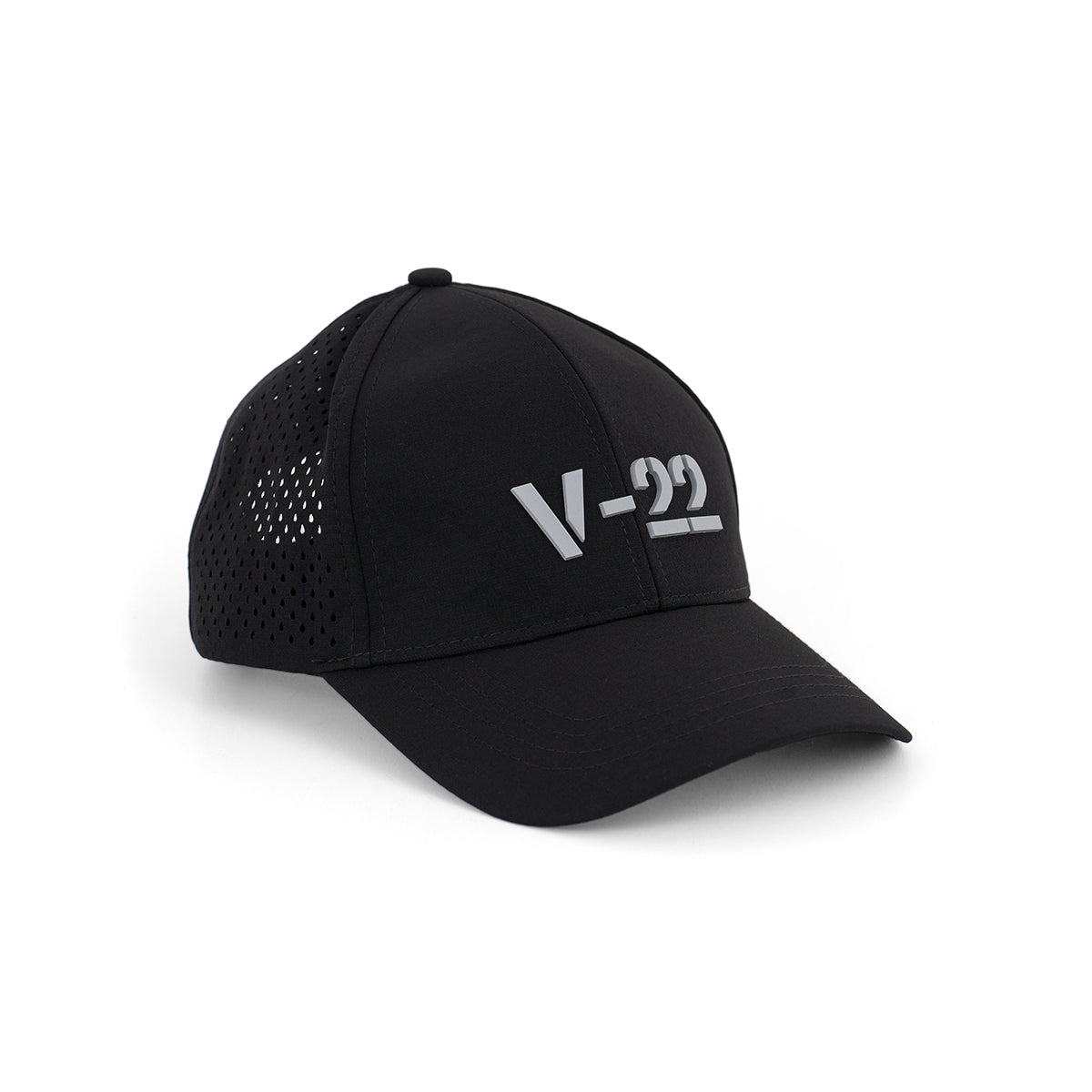 The BOEING V-22 Osprey Series Hat is a black baseball cap with a bold 3D V-22 logo, perforated side panels for ventilation, and an adjustable velcro closure for the perfect fit.