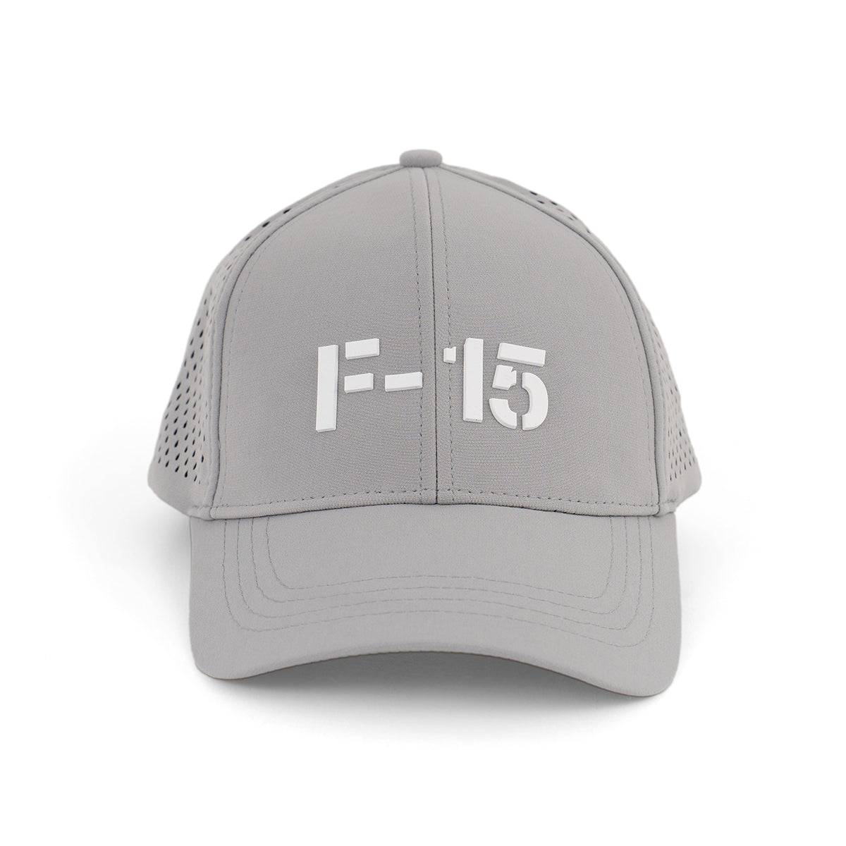The BOEING F-15 Eagle Series Hat is a light gray textured cap with a bold white F-15 logo on the front and perforated side panels for ventilation.
